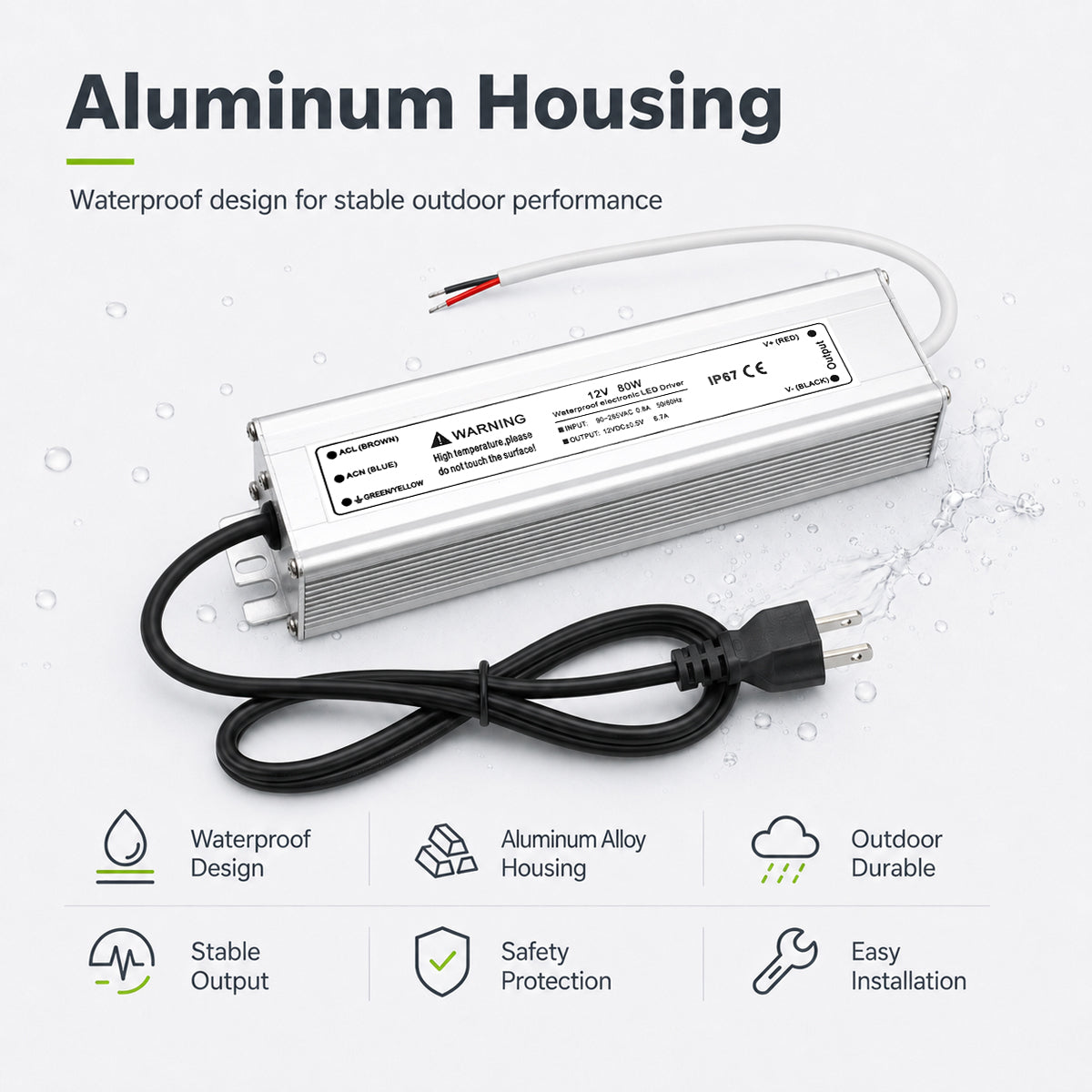 12V Outdoor Waterproof LED Power Supply 200W-500W, 90–140V Input, Single/Dual Wire Output, Aluminum Housing, Landscape & Outdoor Lighting, CE/RoHS/FCC Certified, Waterproof Transformer for Outdoor Lighting, US Plug
