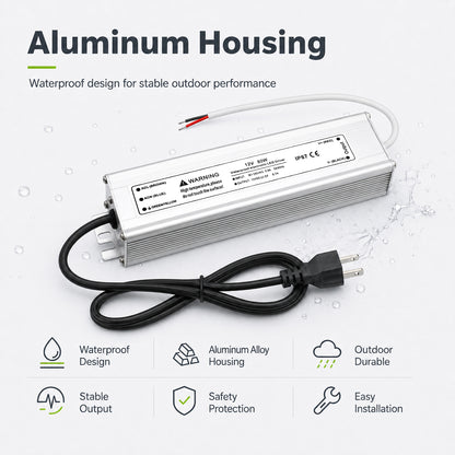 12V Outdoor Waterproof LED Power Supply 200W-500W, 90–140V Input, Single/Dual Wire Output, Aluminum Housing, Landscape & Outdoor Lighting, CE/RoHS/FCC Certified, Waterproof Transformer for Outdoor Lighting, US Plug