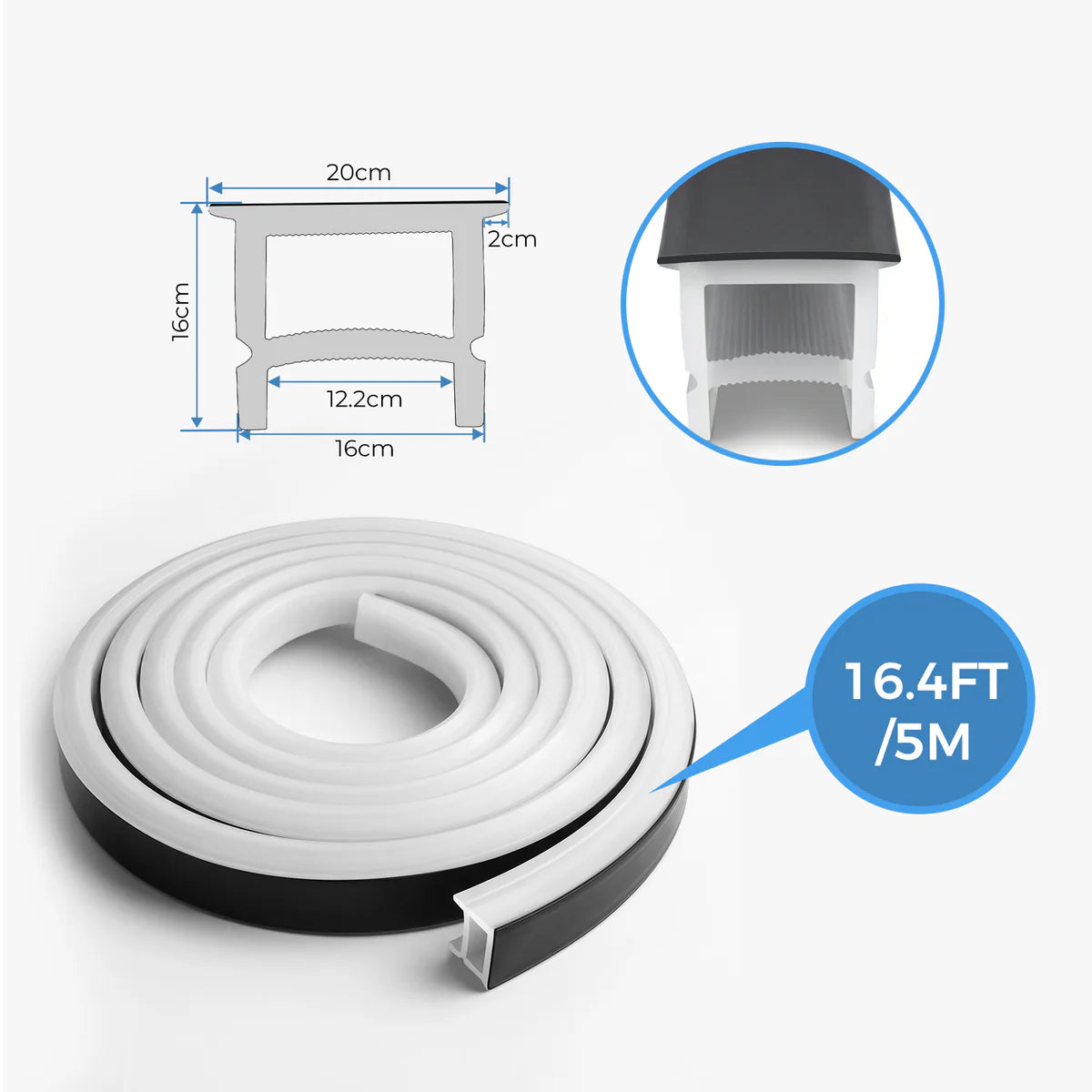 Q-TE Series 16×16mm Top Emitting LED Neon Tube Housing | S1616-T Black Quick Install Flexible Neon Tube Housing | Max Strip Width ≤12mm | 16.4FT/5M | LED Signage Cove Lighting
