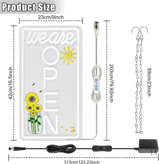 We Are Open Vertical Silicone LED Store Signs – Warm White / Neutral White  | 16.5 × 9 inch |Window Hanging |12V Plug & Play Storefront Neon Decor for  Store Entrances & Business Locations