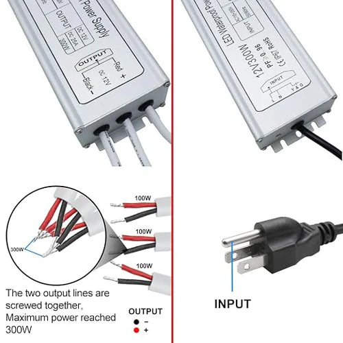 12V Outdoor Waterproof LED Power Supply 300W, 90–265V Input, Single/Dual/Triple Wire Output, Aluminum Housing, Landscape & Outdoor Lighting, CE/RoHS/FCC Certified, Waterproof Transformer for Outdoor Lighting, US /UK/EU Plug