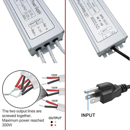 12V Outdoor Waterproof LED Power Supply 300W, 90–265V Input, Single/Dual/Triple Wire Output, Aluminum Housing, Landscape & Outdoor Lighting, CE/RoHS/FCC Certified, Waterproof Transformer for Outdoor Lighting, US /UK/EU Plug