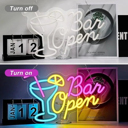 BAR OPEN Silicone LED Shop Sign – 16.5×10.6 Inch | 5V USB Powered Dimmable LED Window Hanging Sign | Blue + Pink + Yellow Glow with Cocktail Glass Design | Accessories Included for Bars, Cafes, Restaurants & Commercial Spaces