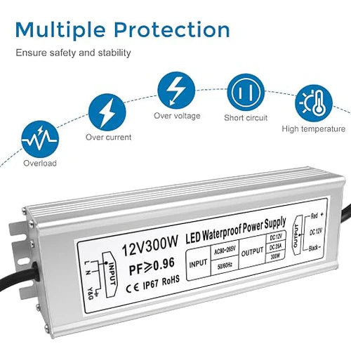 12V Outdoor Waterproof LED Power Supply 300W, 90–265V Input, Single/Dual/Triple Wire Output, Aluminum Housing, Landscape & Outdoor Lighting, CE/RoHS/FCC Certified, Waterproof Transformer for Outdoor Lighting, US /UK/EU Plug