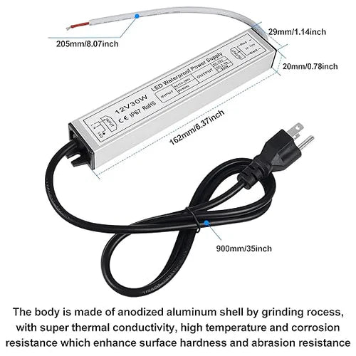 12V Outdoor Waterproof LED Power Supply 30W–100W, 90–265V Input, Single Wire Output, Aluminum Housing, Landscape & Outdoor Lighting, CE/RoHS/FCC Certified, Waterproof Transformer for Outdoor Lighting, US/UK/EU Plug