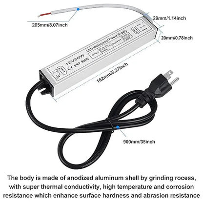 12V Outdoor Waterproof LED Power Supply 30W–100W, 90–265V Input, Single Wire Output, Aluminum Housing, Landscape & Outdoor Lighting, CE/RoHS/FCC Certified, Waterproof Transformer for Outdoor Lighting, US/UK/EU Plug