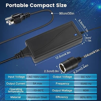 60W Desktop LED Adapter Cigarette Lighter DC 12V, AC 100–240V Input, with US/UK Plug, Converter Transformer — for Car Accessories, Tire Inflators, Portable Coolers, Car Vacuum Cleaners and 12V Automotive Devices