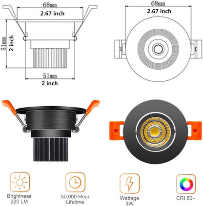 3W Adjustable COB LED Downlight - 2700K–6000K - White/Black/Gold/Silver Housing - TRIAC Dimmable - 100–130V / 200–240V AC - 4-Pack - Ambient & Accent Lighting