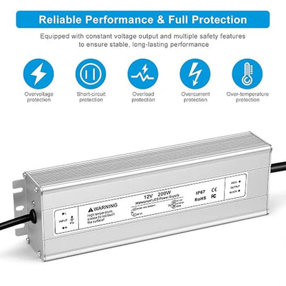12V Outdoor Waterproof LED Power Supply 200W-500W, 90–140V Input, Single/Dual Wire Output, Aluminum Housing, Landscape & Outdoor Lighting, CE/RoHS/FCC Certified, Waterproof Transformer for Outdoor Lighting, US Plug