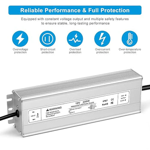 12V Outdoor Waterproof LED Power Supply 200W-500W, 90–140V Input, Single/Dual Wire Output, Aluminum Housing, Landscape & Outdoor Lighting, CE/RoHS/FCC Certified, Waterproof Transformer for Outdoor Lighting, US Plug