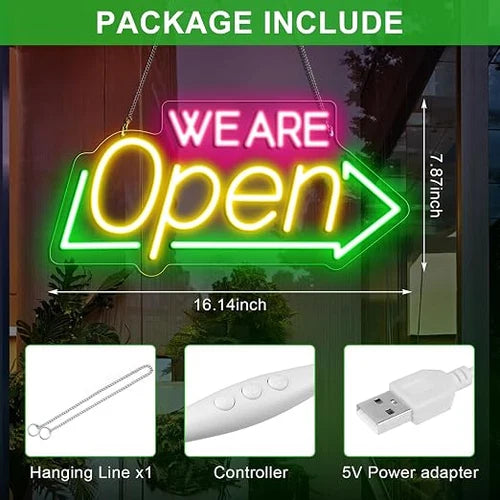 WE ARE OPEN Silicone LED Store Signs – USB Powered | 16.1×7.8 inch | Arrow Shape LED Window Sign |  2 Color Options for  Store Entrances & Business Locations