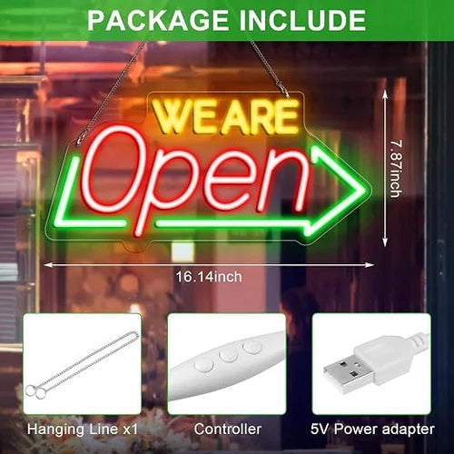 WE ARE OPEN Integrated LED Store Signs – USB Powered | 16.1×7.8 inch | Arrow Shape LED Window Sign |  Yellow + Red + Green Glow for Store Entrances & Business Locations