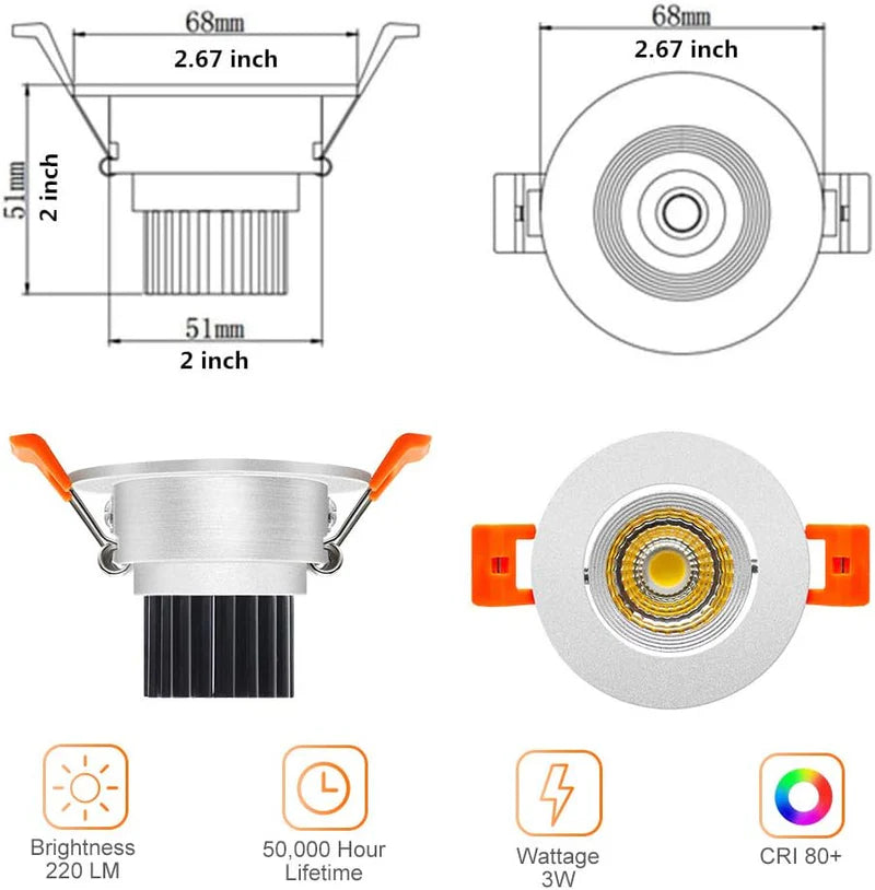 3W Adjustable COB LED Downlight - 2700K–6000K - White/Black/Gold/Silver Housing - TRIAC Dimmable - 100–130V / 200–240V AC - 4-Pack - Ambient & Accent Lighting