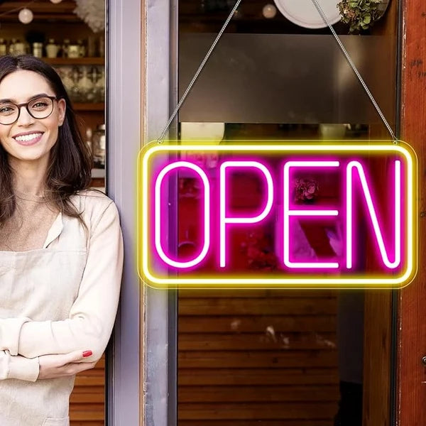 OPEN Silicone LED Store Signs – USB Powered | 16.5×9 inch | Yellow + Pink Glow | LED Window Hanging Light for  Store Entrances & Business Locations