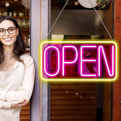 OPEN Silicone LED Store Signs – USB Powered | 16.5×9 inch | Yellow + Pink Glow | LED Window Hanging Light for  Store Entrances & Business Locations