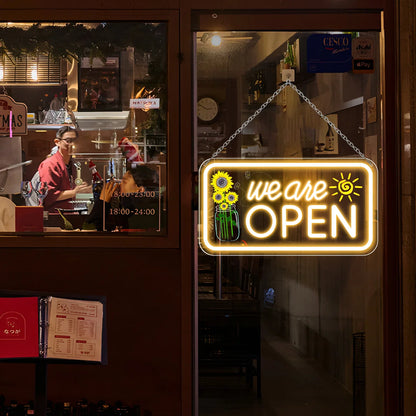 We Are Open Silicone LED Store Signs with Sunflower Decor | Warm White / Neutral White | 16.5 × 9 / 23×12 inch | 12V Plug & Play Storefront Neon Decor for  Store Entrances & Business Locations