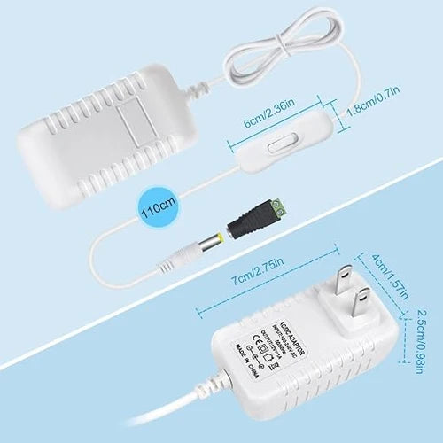 DC 12V Plug-in Power Adapter with On/Off Switch, 36W, US Plug, Black/White Housing, 100–240V AC Input - Power Supply for LED Lighting and Portable Devices