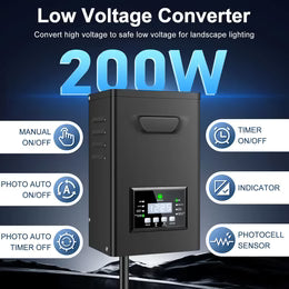 200W Low Voltage Lighting Transformer – 120V to 12V/15V AC, Timer & Internal Photocell, Low Voltage Power Supply for Outdoor LED Lighting