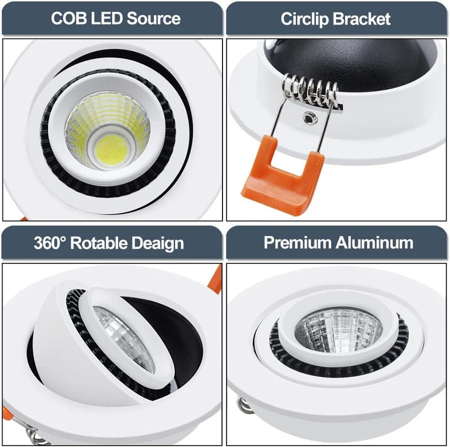 5W Adjustable Gimbal COB LED Downlight - 2700K–6000K - White Housing - TRIAC Dimmable - 100–130V / 200–240V AC - 4-Pack - Accent & Display Lighting