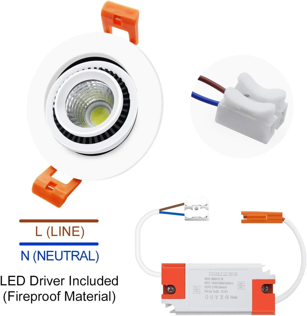 5W Adjustable Gimbal COB LED Downlight - 2700K–6000K - White Housing - TRIAC Dimmable - 100–130V / 200–240V AC - 4-Pack - Accent & Display Lighting