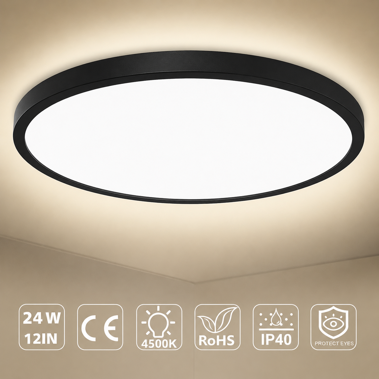 inSharepuls LED-Deckenleuchte, 5000 K Tageslichtweiß, 24 W (entspricht 240 W), 12 Zoll flache, moderne Deckenbeleuchtung, 3200 lm, Deckenlampe für Badezimmer, Veranda, Küche, Schlafzimmer, Wohnzimmer, Flur 