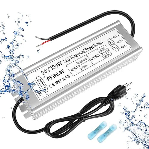 24V Outdoor Waterproof LED Power Supply 120W–300W, 90–265V Input, Single/Dual Wire Output, Aluminum Housing, Landscape & Outdoor Lighting, CE/RoHS/FCC Certified, Waterproof Transformer for Outdoor Lighting, US/UK/EU Plug