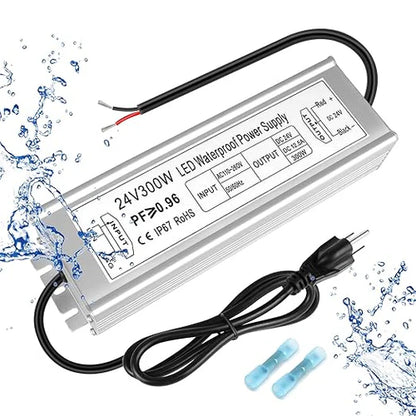 24V Outdoor Waterproof LED Power Supply 120W–300W, 90–265V Input, Single/Dual Wire Output, Aluminum Housing, Landscape & Outdoor Lighting, CE/RoHS/FCC Certified, Waterproof Transformer for Outdoor Lighting, US/UK/EU Plug