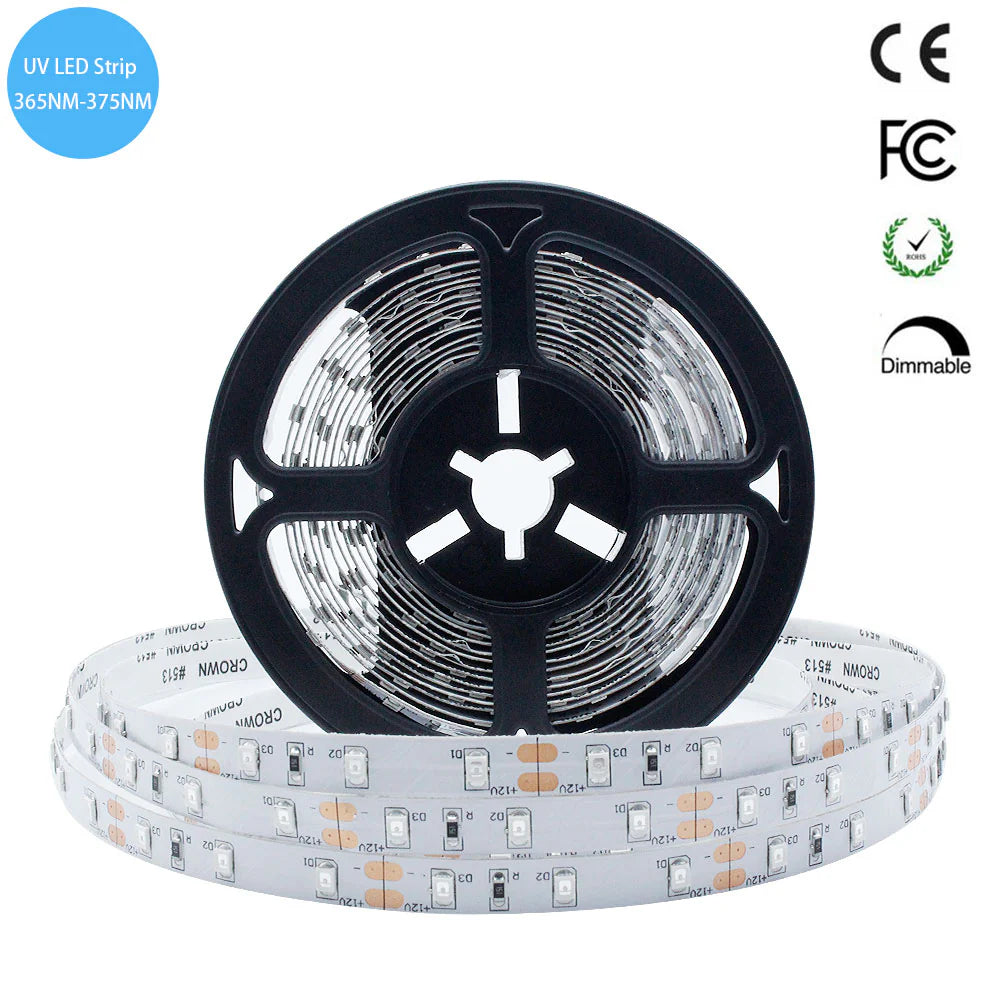 365–370nm 240 LEDs/m UV Blacklight LED Strip | SMD2835 | DC12V | Non-Waterproof / IP65 Waterproof/IP67 Waterproof | Not Include Power Supply | For Fluorescent Effects, Glow Decoration & Blacklight Applications