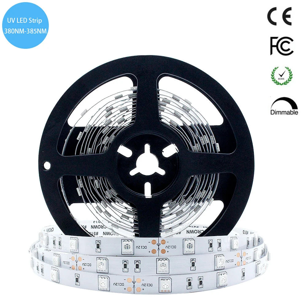 380–385nm 30 LEDs/m UV Blacklight LED Strip | SMD5050 | DC12V | Non-Waterproof / IP65 Waterproof/IP67 Waterproof | Not Include Power Supply | For Glow Party, Fluorescent & Stage Lighting