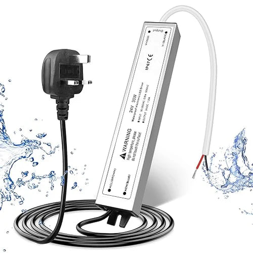 24V Outdoor Waterproof LED Power Supply 30W–100W, 90–265V Input, Single Wire Output, Aluminum Housing, Landscape & Outdoor Lighting, CE/RoHS/FCC Certified, Waterproof Transformer for Outdoor Lighting, US/UK/EU Plug