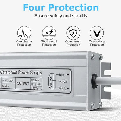 24V Outdoor Waterproof LED Power Supply 120W–300W, 90–265V Input, Single/Dual Wire Output, Aluminum Housing, Landscape & Outdoor Lighting, CE/RoHS/FCC Certified, Waterproof Transformer for Outdoor Lighting, US/UK/EU Plug