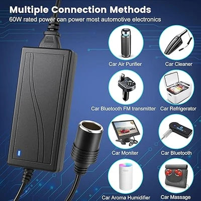 60W Desktop LED Adapter Cigarette Lighter DC 12V, AC 100–240V Input, with US/UK Plug, Converter Transformer — for Car Accessories, Tire Inflators, Portable Coolers, Car Vacuum Cleaners and 12V Automotive Devices