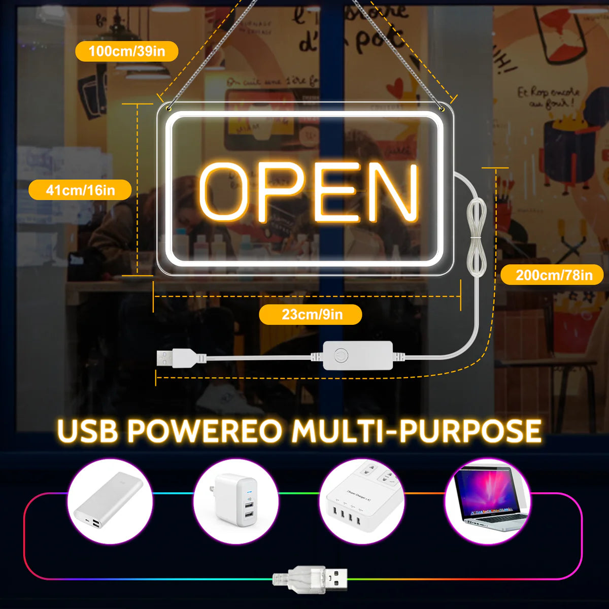 LightingWill LED Open Sign 16"x9" – Bright Neon Light with 5V COB Chip & ON/OFF Switch, Plug-in Open Sign for Stores, Cafes, Bars, Hotels, and Windows