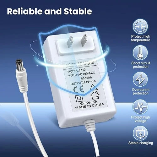 DC 12V Plug-in Power Adapter with On/Off Switch, 24W, US Plug, White Housing, 100–240V AC Input - Power Supply for LED Lighting and Home Applications
