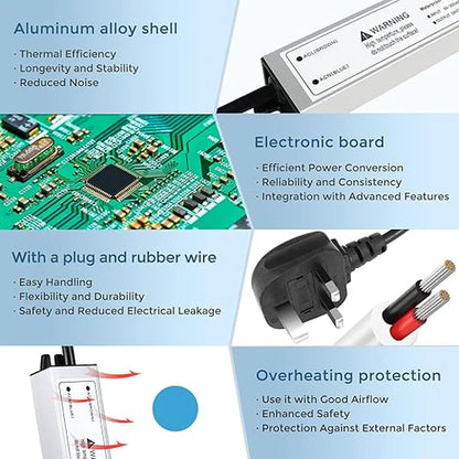 12V Outdoor Waterproof LED Power Supply 30W–100W, 90–265V Input, Single Wire Output, Aluminum Housing, Landscape & Outdoor Lighting, CE/RoHS/FCC Certified, Waterproof Transformer for Outdoor Lighting, US/UK/EU Plug