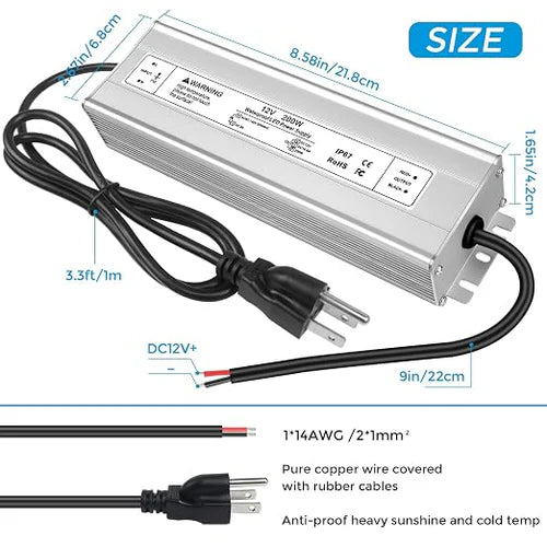 12V Outdoor Waterproof LED Power Supply 200W-500W, 90–140V Input, Single/Dual Wire Output, Aluminum Housing, Landscape & Outdoor Lighting, CE/RoHS/FCC Certified, Waterproof Transformer for Outdoor Lighting, US Plug