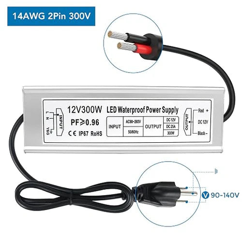 12V Outdoor Waterproof LED Power Supply 300W, 90–265V Input, Single/Dual/Triple Wire Output, Aluminum Housing, Landscape & Outdoor Lighting, CE/RoHS/FCC Certified, Waterproof Transformer for Outdoor Lighting, US /UK/EU Plug