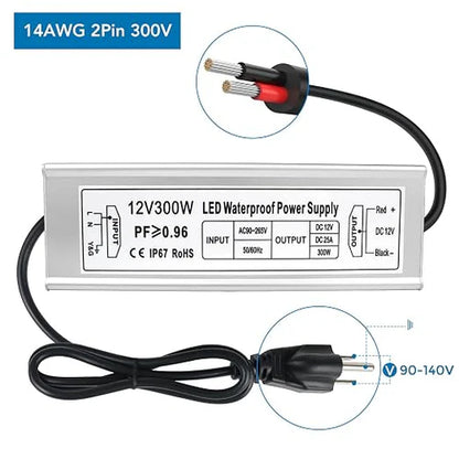 12V Outdoor Waterproof LED Power Supply 300W, 90–265V Input, Single/Dual/Triple Wire Output, Aluminum Housing, Landscape & Outdoor Lighting, CE/RoHS/FCC Certified, Waterproof Transformer for Outdoor Lighting, US /UK/EU Plug