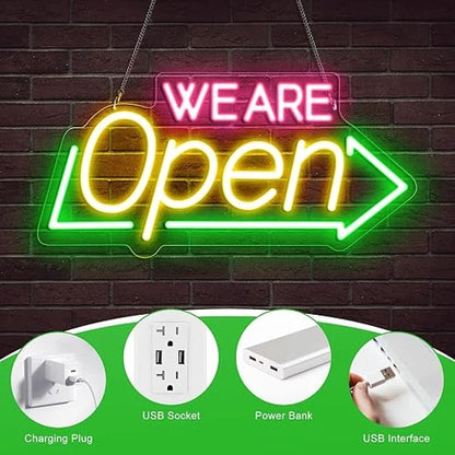 WE ARE OPEN Silicone LED Store Signs – USB Powered | 16.1×7.8 inch | Arrow Shape LED Window Sign |  2 Color Options for  Store Entrances & Business Locations