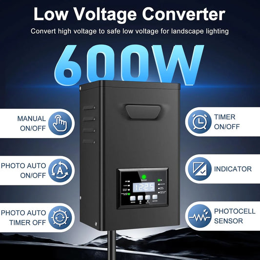 600W Low Voltage Lighting Transformer – 120V to 12V/15V AC, Timer & Internal Photocell, Low Voltage Power Supply for Outdoor LED Lighting