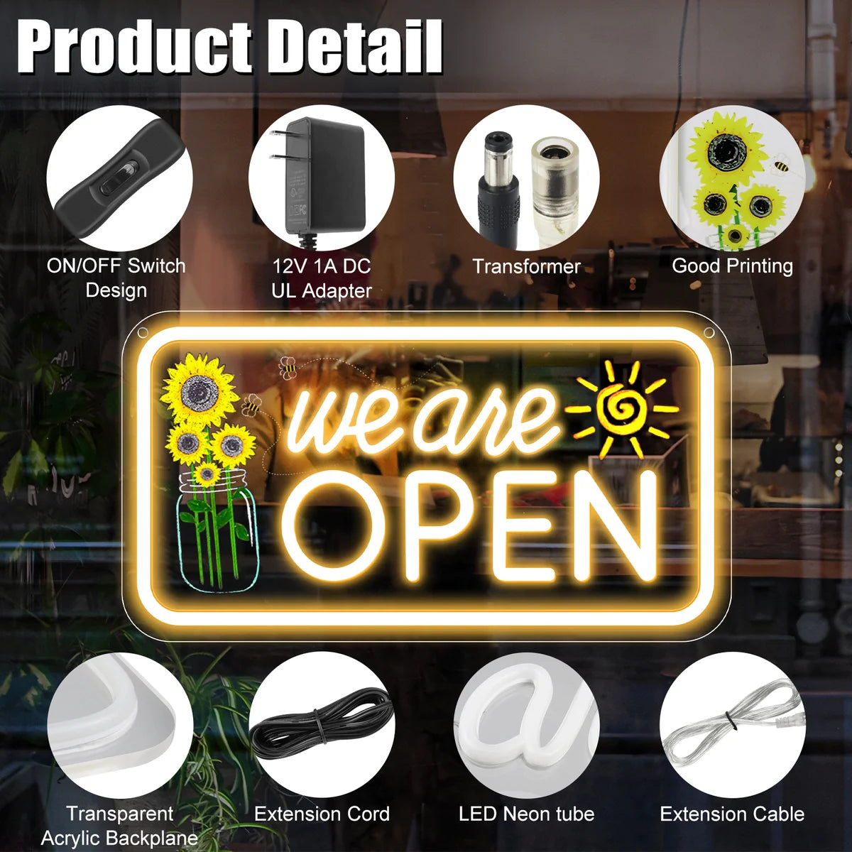 We Are Open Silicone LED Store Signs with Sunflower Decor | Warm White / Neutral White | 16.5 × 9 / 23×12 inch | 12V Plug & Play Storefront Neon Decor for  Store Entrances & Business Locations