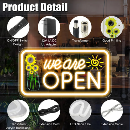 We Are Open Silicone LED Store Signs with Sunflower Decor | Warm White / Neutral White | 16.5 × 9 / 23×12 inch | 12V Plug & Play Storefront Neon Decor for  Store Entrances & Business Locations