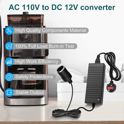 120W Desktop LED Adapter Cigarette Lighter DC 12V, AC 100–240V Input, with US/UK Plug, Converter Transformer — for Car Accessories, Tire Inflators, Portable Coolers, Car Vacuum Cleaners and 12V Automotive Devices