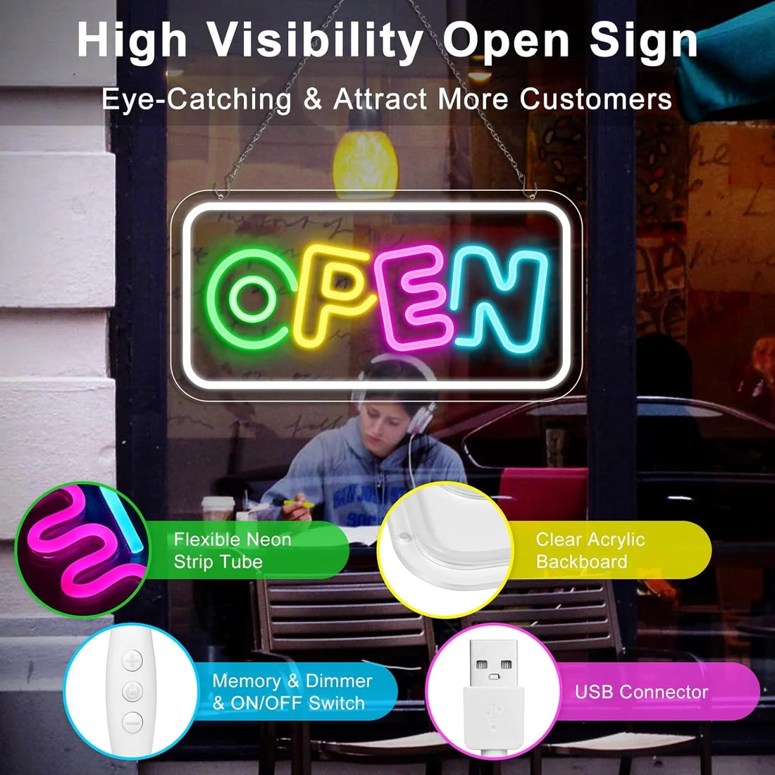 OPEN LED Store Signs – 16.2×9.1 Inch Silicone Neon Light | USB Powered 5V Dimmable Multicolor Glow | Horizontal & Vertical Style for  Store Entrances & Business Locations