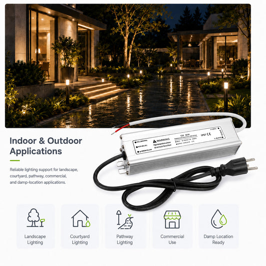 12V Outdoor Waterproof LED Power Supply 30W–100W, 90–265V Input, Single Wire Output, Aluminum Housing, Landscape & Outdoor Lighting, CE/RoHS/FCC Certified, Waterproof Transformer for Outdoor Lighting, US/UK/EU Plug