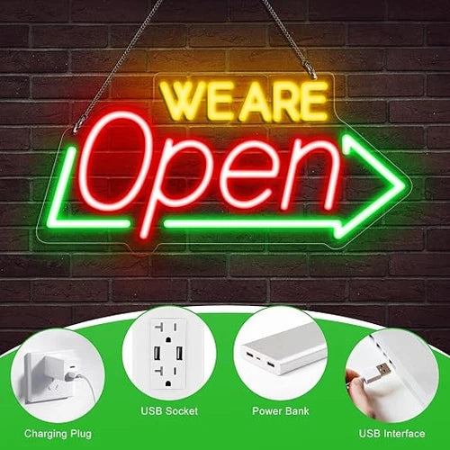 WE ARE OPEN Integrated LED Store Signs – USB Powered | 16.1×7.8 inch | Arrow Shape LED Window Sign |  Yellow + Red + Green Glow for Store Entrances & Business Locations