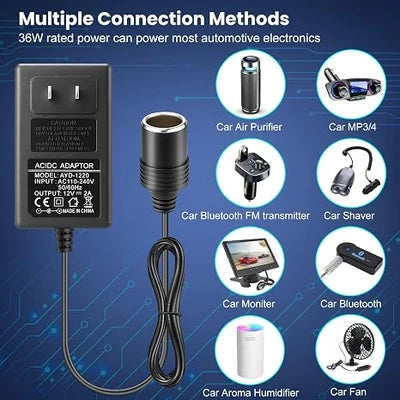 DC 12V Cigarette Lighter Plug-in Power Adapter 36W, AC 100–240V to 12V Converter Transformer - US Plug for Car Accessories and Portable Devices