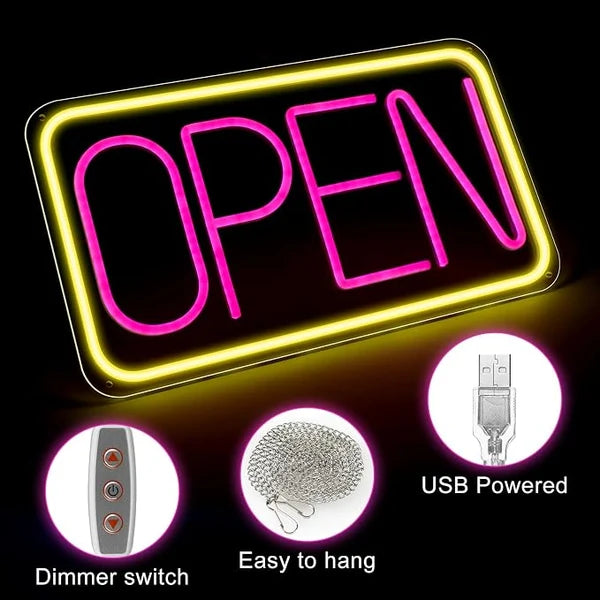 OPEN Silicone LED Store Signs – USB Powered | 16.5×9 inch | Yellow + Pink Glow | LED Window Hanging Light for  Store Entrances & Business Locations