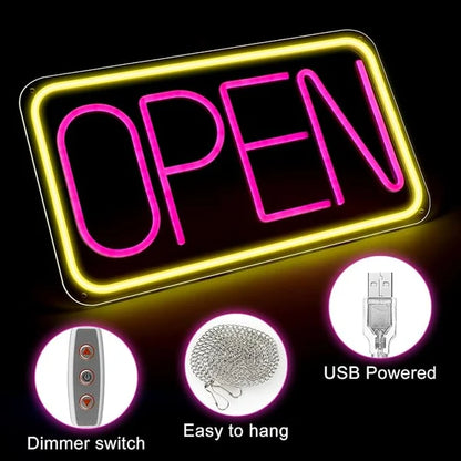 OPEN Silicone LED Store Signs – USB Powered | 16.5×9 inch | Yellow + Pink Glow | LED Window Hanging Light for  Store Entrances & Business Locations