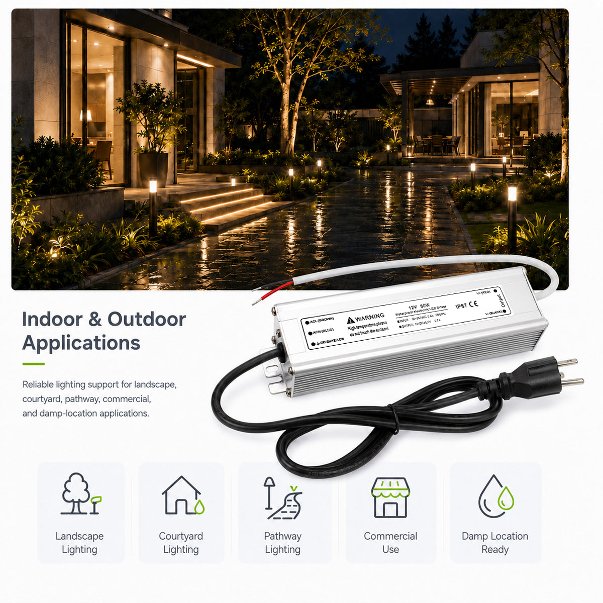 12V Outdoor Waterproof LED Power Supply 200W-500W, 90–140V Input, Single/Dual Wire Output, Aluminum Housing, Landscape & Outdoor Lighting, CE/RoHS/FCC Certified, Waterproof Transformer for Outdoor Lighting, US Plug